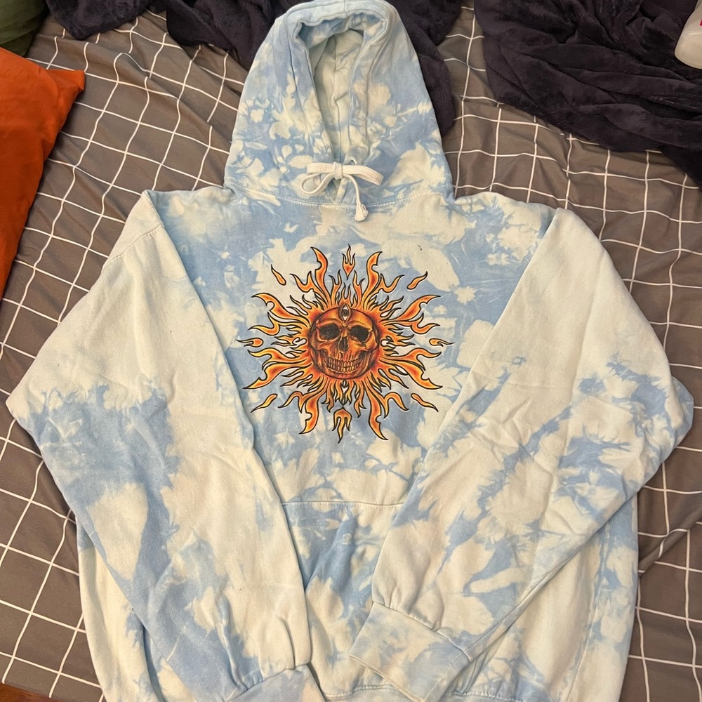 Blue Tie-Dye Hoodie with Sun Graphic